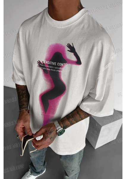 Erkek Ekru Beyaz Siluet Sensitive Content Oversize Fit Bol Geniş Kalıp Salaş Kesim T-Shirt