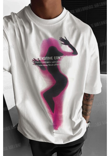Erkek Ekru Beyaz Siluet Sensitive Content Oversize Fit Bol Geniş Kalıp Salaş Kesim T-Shirt fiyatları