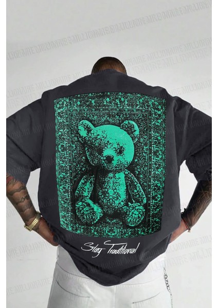 Erkek Füme Traditional Ayıcık Teddy Bear Oversize Fit Bol Geniş Kalıp Salaş Kesim T-Shirt