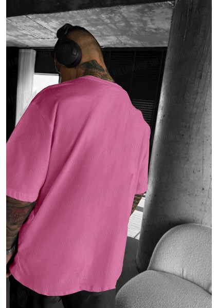 Erkek Fuşya Pembe Black Rose Oversize Fit Bol Geniş Kalıp Salaş Kesim T-Shirt