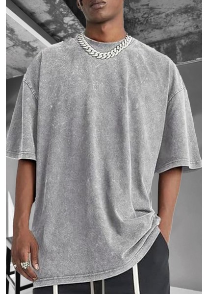 Erkek Açık Gri Oversize Asit Yıkamalı Eskitme Efektli Boyalı T-Shirt