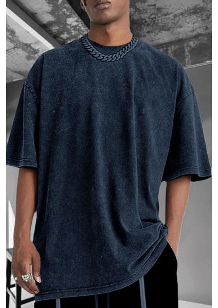 Erkek Lacivert Oversize Asit Yıkamalı Eskitme Efektli Boyalı T-Shirt