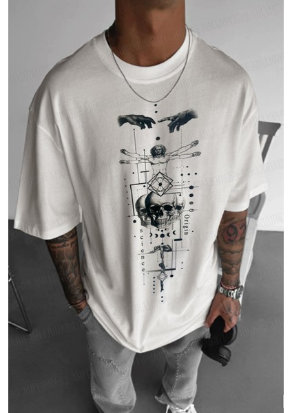 Erkek Ekru Beyaz Da Vinci Sicience Oversize Fit Bol Geniş Kalıp Salaş Kesim T-Shirt