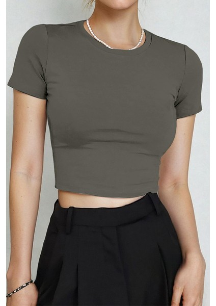 Kadın Haki Yeşili Bisiklet Yaka Likralı Kısa Kol Body Crop Bluz fiyatları