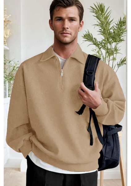 Erkek Camel Yarım Fermuar Polo Yaka 3 Iplik Içi Polarlı Şardonlu Oversize Sweatshirt
