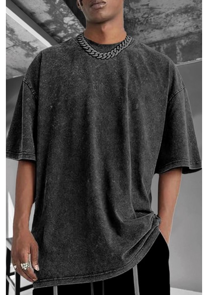 Erkek Siyah Oversize Asit Yıkamalı Eskitme Efektli Boyalı T-Shirt