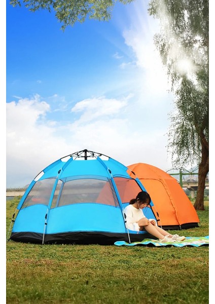 6 Kişilik Altıgen Tam Otomatik Pencereli Aile Kamp Çadırı 270x270x150 Çift Katlı