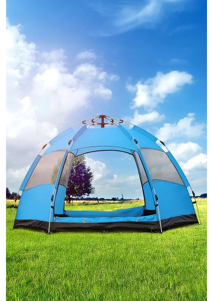 6 Kişilik Altıgen Tam Otomatik Pencereli Aile Kamp Çadırı 270x270x150 Çift Katlı