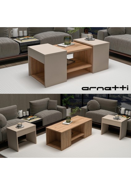 Sartos 3'lü Zigonlu Modern Orta Sehpa Salon Sehpası, Atlantik Çam Bej - Sartos