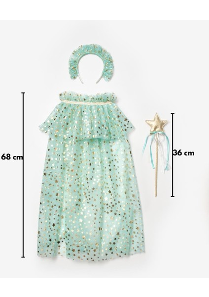 Mint Yıldız Baskılı Kız Çocuk Pelerin Asa ve Taç Set