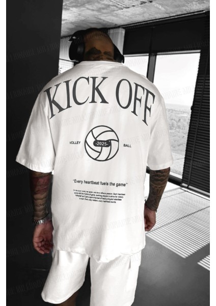 Erkek Ekru Beyaz Kick Off Oversize Fit Bol Geniş Kalıp Salaş Kesim T-Shirt