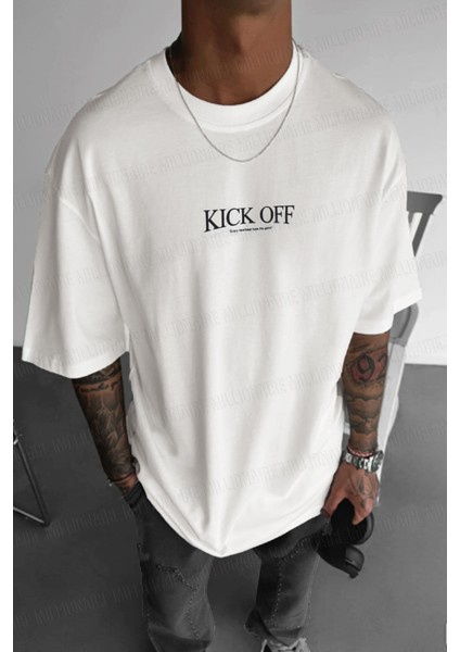 Erkek Ekru Beyaz Kick Off Oversize Fit Bol Geniş Kalıp Salaş Kesim T-Shirt fiyatları