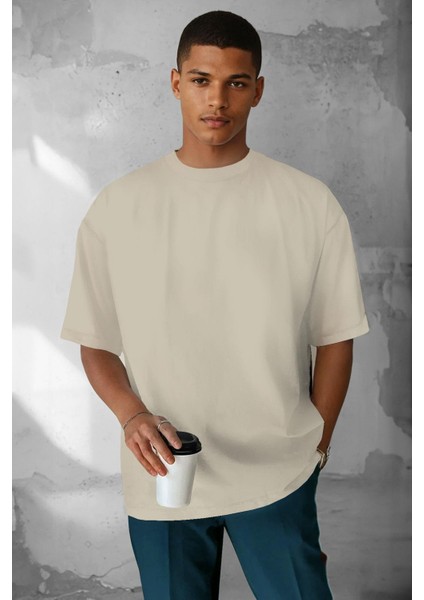 Erkek Taş Renk Basic Düz Baskısız Oversize Salas Boyfriend T-Shirt