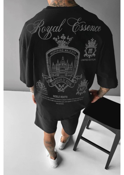 Erkek Siyah Royal Essence Oversize Fit Bol Geniş Kalıp Salaş Kesim T-Shirt
