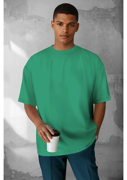 Erkek Bntn Yeşil Basic Düz Baskısız Oversize Salas T-Shirt