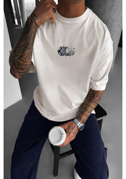 Erkek Ekru Beyaz Earth Oversize Fit Bol Geniş Kalıp Salaş Kesim T-Shirt