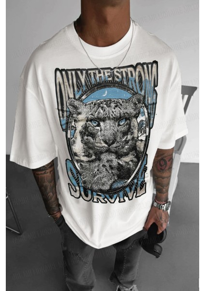 Erkek Ekru Beyaz Survive Oversize Fit Bol Geniş Kalıp Salaş Kesim T-Shirt