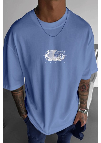 Erkek Mavi Earth Oversize Fit Bol Geniş Kalıp Salaş Kesim T-Shirt