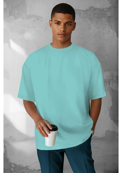 Erkek Turkuaz Basic Düz Baskısız Oversize Salas T-Shirt