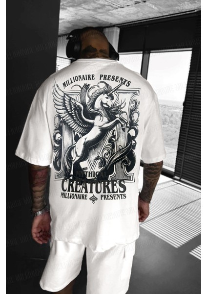 Erkek Ekru Beyaz Creatures Oversize Fit Bol Geniş Kalıp Salaş Kesim T-Shirt