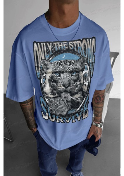 Erkek Mavi Survive Oversize Fit Bol Geniş Kalıp Salaş Kesim T-Shirt