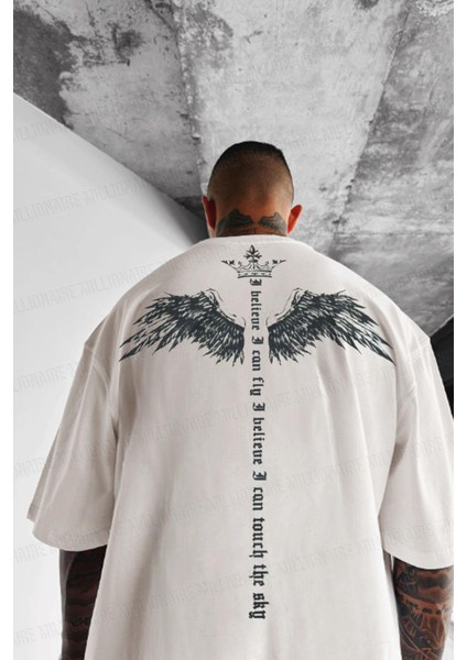 Erkek Ekru Beyaz I Can Fly Oversize Fit Bol Geniş Kalıp Salaş Kesim T-Shirt