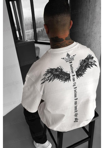 Erkek Ekru Beyaz I Can Fly Oversize Fit Bol Geniş Kalıp Salaş Kesim T-Shirt fiyatları