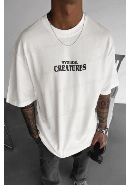 Erkek Ekru Beyaz Creatures Oversize Fit Bol Geniş Kalıp Salaş Kesim T-Shirt fiyatları