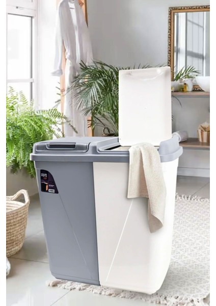 İki Bölmeli Renkli Çamaşır Sepeti, 90 Lt, Beyaz-Gri, Plastik, Pratik ve Hafif Tasarım fiyatları