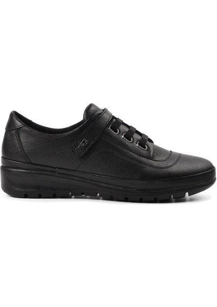 Siyah Deri Kadın Düz Rahat Günlük Ayakkabı