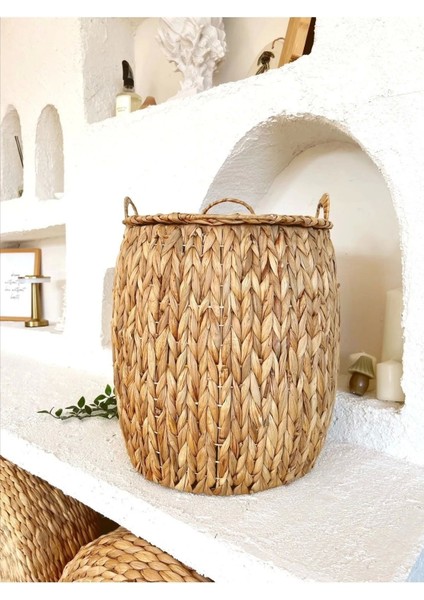 Şık kahverengi örgü hasır çamaşır sepeti ve saksılık 37x41x47 cm