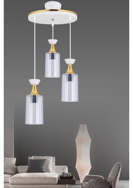 Sarkıt Tepsi Beyaz 3'lü Boru Mika Füme Sarı Şeritli Camlı Modern Avize