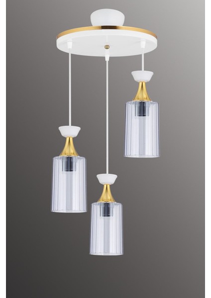 Sarkıt Tepsi Beyaz 3'lü Boru Mika Füme Sarı Şeritli Camlı Modern Avize fiyatları