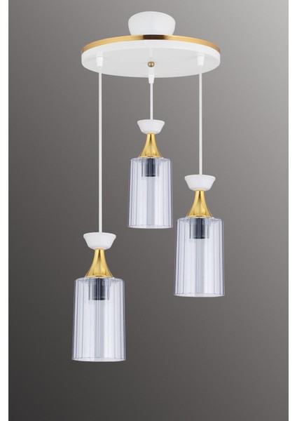 Sarkıt Tepsi Beyaz 3'lü Boru Mika Füme Sarı Şeritli Camlı Modern Avize modelleri