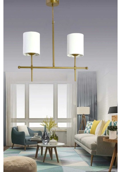 Henna 2'li Sıralı Eskitme Boyalı Modern Avize (Silindir Beyaz Abajurlu)