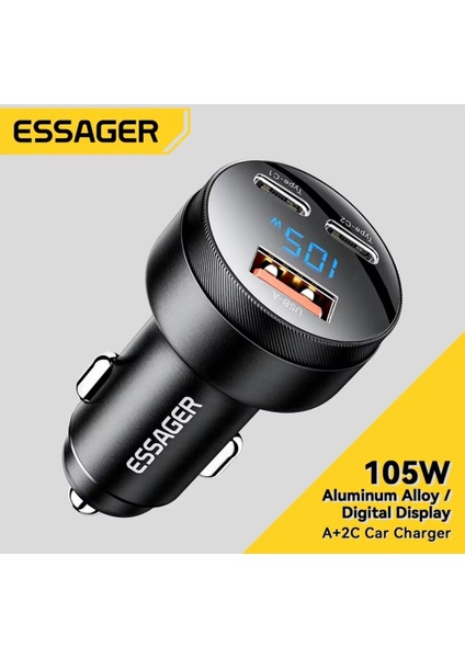 105W Araç Şarjı Type-C+Usb Üç Giriş Hızlı Pd CE/FC/Rohs Lisanslı Dijital LED Gösterge Tüm Telefonlara ve Araçlara Uygun Metal Şık ve Sağlam