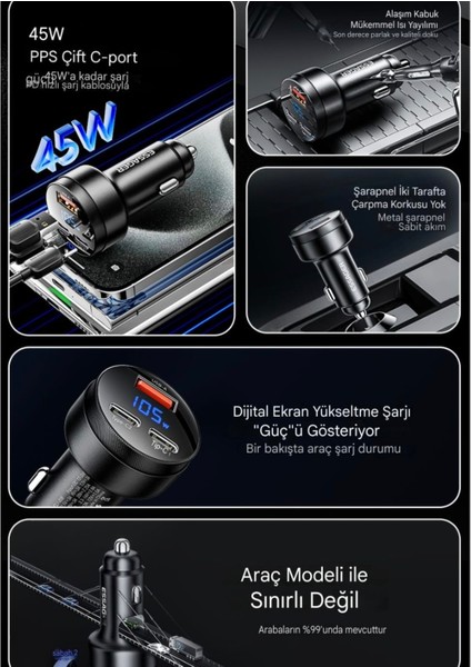 105W Araç Şarjı Type-C+Usb Üç Giriş Hızlı Pd CE/FC/Rohs Lisanslı Dijital LED Gösterge Tüm Telefonlara ve Araçlara Uygun Metal Şık ve Sağlam