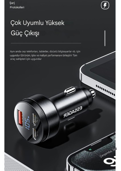 105W Araç Şarjı Type-C+Usb Üç Giriş Hızlı Pd CE/FC/Rohs Lisanslı Dijital LED Gösterge Tüm Telefonlara ve Araçlara Uygun Metal Şık ve Sağlam