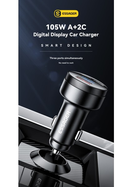 105W Araç Şarjı Type-C+Usb Üç Giriş Hızlı Pd CE/FC/Rohs Lisanslı Dijital LED Gösterge Tüm Telefonlara ve Araçlara Uygun Metal Şık ve Sağlam