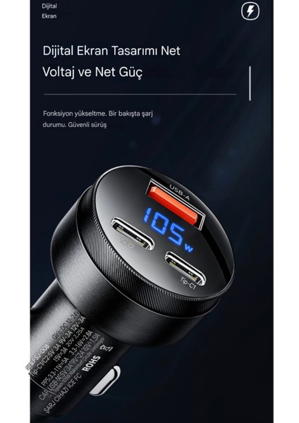 105W Araç Şarjı Type-C+Usb Üç Giriş Hızlı Pd CE/FC/Rohs Lisanslı Dijital LED Gösterge Tüm Telefonlara ve Araçlara Uygun Metal Şık ve Sağlam