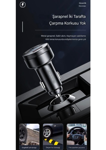 105W Araç Şarjı Type-C+Usb Üç Giriş Hızlı Pd CE/FC/Rohs Lisanslı Dijital LED Gösterge Tüm Telefonlara ve Araçlara Uygun Metal Şık ve Sağlam