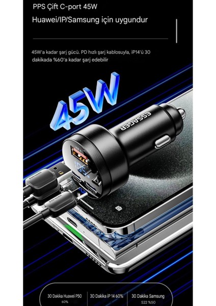 105W Araç Şarjı Type-C+Usb Üç Giriş Hızlı Pd CE/FC/Rohs Lisanslı Dijital LED Gösterge Tüm Telefonlara ve Araçlara Uygun Metal Şık ve Sağlam