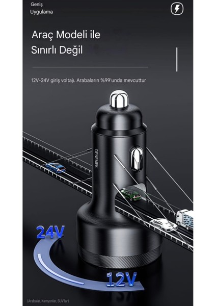 105W Araç Şarjı Type-C+Usb Üç Giriş Hızlı Pd CE/FC/Rohs Lisanslı Dijital LED Gösterge Tüm Telefonlara ve Araçlara Uygun Metal Şık ve Sağlam