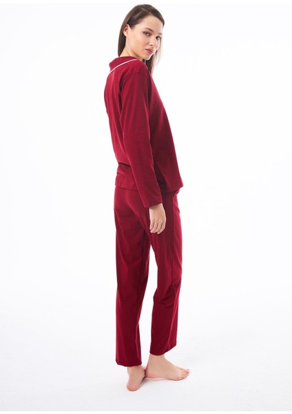 Bordo Önden Düğmeli Pamuklu Kadın Pijama Takımı