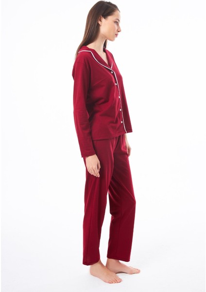 Bordo Önden Düğmeli Pamuklu Kadın Pijama Takımı