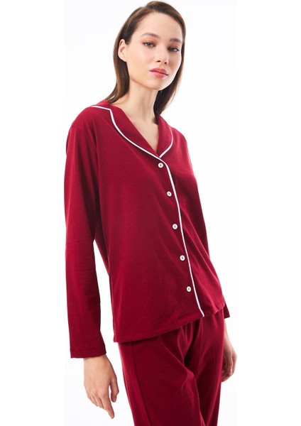 Bordo Önden Düğmeli Pamuklu Kadın Pijama Takımı
