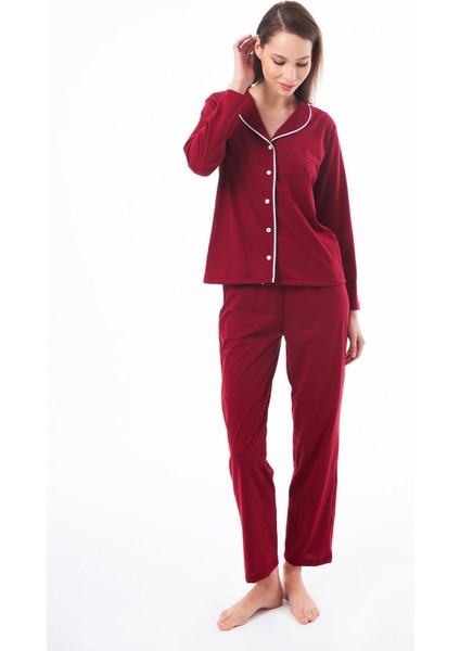 Bordo Önden Düğmeli Pamuklu Kadın Pijama Takımı