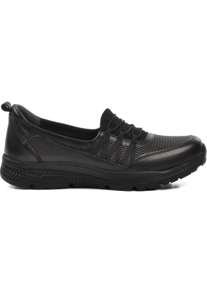 Siyah Deri Kadın Düz Rahat Günlük Ayakkabı