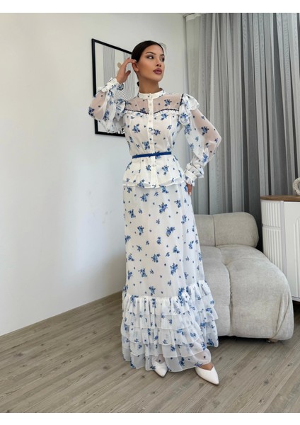 Çiçek Desenli Bluz ve Etek Ikili Takım 4707-BEYAZ/MAVI