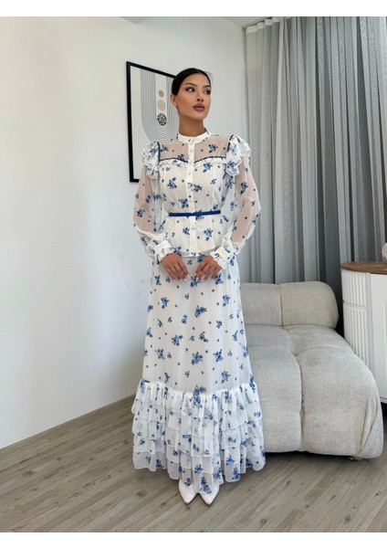 Çiçek Desenli Bluz ve Etek Ikili Takım 4707-BEYAZ/MAVI modelleri